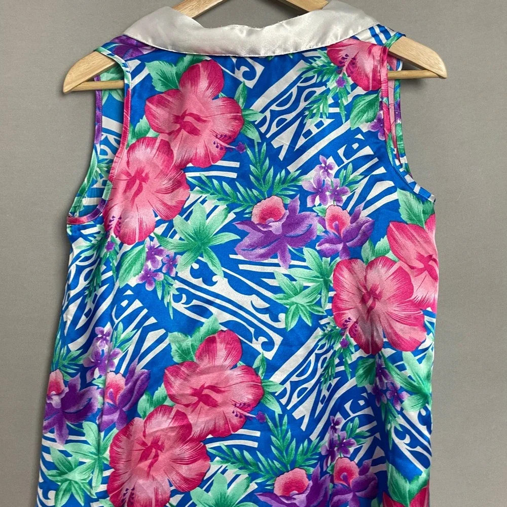 Vintage‎ Floral Blouse Satin Tropical Button-Up Sleeveless Size Small Blue Pink